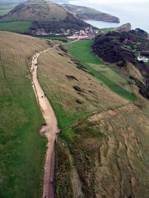 Kite's view of Lulworth cove in Dorset