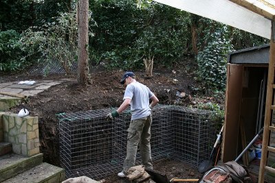 Gabions being assembled