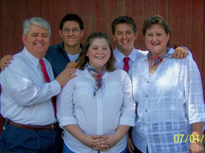 Our most current photo of the 5 Main Bogan's, taken the day that Jennifer, her husband and children were leaving our city to move to Kansas.  Our church's choir had just done a patriotic cantata for July 4th.  4 of the 5 of us (all wearing white tops) are in the choir.  I'm going to miss hearing Jennifer's voice and her standing next to me in choir.