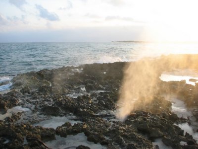 Waves spouting through holes in the ex-coral reef