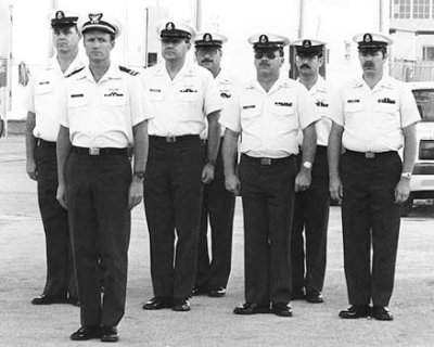 1986/1987 - AECM Art Donley, LT Garrett Tirpak, ADCS Bill Cavanaugh, ATCM Bob Pear, YNC Don Boyd, ATCS Jim Walters and ?