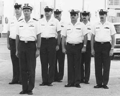 1986/7 - AECM Art Donley, LT Garrett Tirpak, ADCS Bill Cavanaugh, ATCM Bob Pear, YNC Don Boyd, ATCS Jim Walters and ?