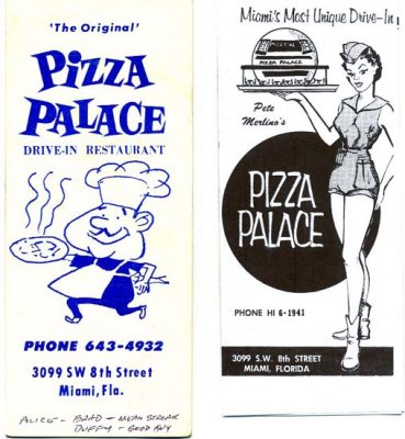 1960's and 70's - Pizza Palace menus, 3099 SW 8 Street, Miami, Florida