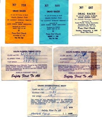 1959 and 1960 - George W. Young's Drag Racing Timing Slips for Amelia Earhart Field and Masters Field, Miami