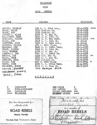 1959 - 1961 Road Rebels Auto Club membership roster, Miami