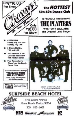 Ad for the The Platters appearing at Chevy's on the Beach at the Surfside Beach Hotel