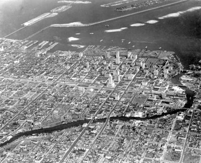 1930 - Aerial of downtown Miami, looking east-northeast