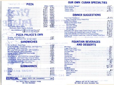 1970's - Pizza Palace at 3099 SW 8th Street - inside of folded menu