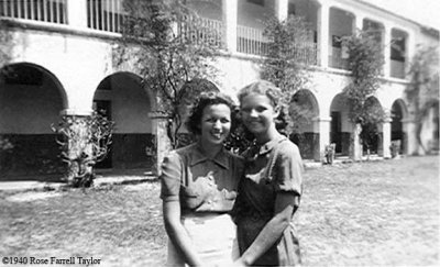 1940 - Jeanne High and Dot McEwen in front of the Hialeah School (Elementary and Junior High School)