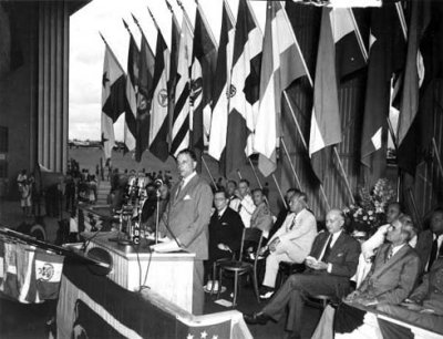 1943 - Pan American Airways President Juan Trippe speaking at new hangar dedication at Pan American Field, Miami