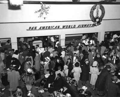 1953 - a crowded Pan American lobby at the 36th Street Terminal, Miami
