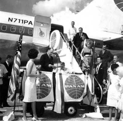 1962 - Pan American Division Manager William F. Raven at inaugural of new MIA-SJU-LIS route with B707-121 N711PA in background
