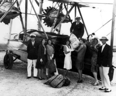1930 - Air mail delivery being picked up from Pan American Airways System Sikorsky S-38 Flying Duck