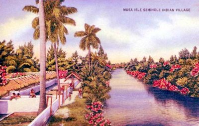 1940's - Postcard of the Musa Isle Indian Village on the south fork of the Miami River