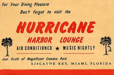 1950's - Menu cover for the Hurricane Harbor Lounge, 24 Crandon Boulevard, Key Biscayne