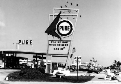 1964 - Pure gas station with gas at 22.9 cents on Collins Avenue, Sunny Isles