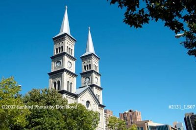 Assumption Catholic Church with 210-foot twin clock towers in St. Paul, Minnesota