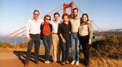 1984 - Don Boyd, Doreen Fry, Alan Stone, Liz Fortner, Brian, and Maria Colon at the Golden Gate Bridge at sunset