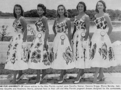 1957 - UM Miss Florida 1957 contestants Dorothy Steiner, Deanna Briggs, Rhona Berube, Adrianne Goyette and Rosemary Morris