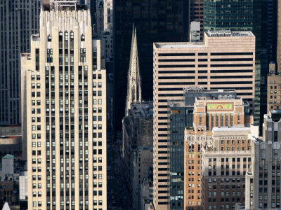 St. Patrick's Cathedral dwarfed by Manhattan skyscrapers; photographed from the Empire State Building