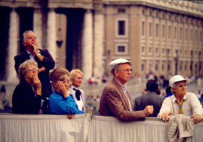 After an audience with the pope, St. Peter's Square, Vatican, 1987.