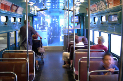 The inside of an L train in Chicago.