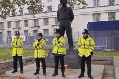 Bobbies guard statue across from 10 Downing Street