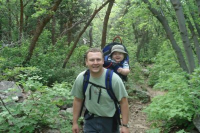 Brad and Noah in the backpack, Neff's Canyon