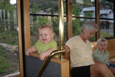 Noah, Grandma Frazier and Will on the Trolley in Park City
