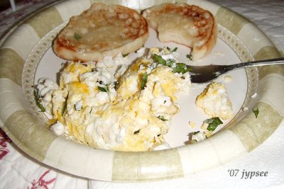breakfast: scrambled eggs with fresh basil, rosemary, and goat cheese