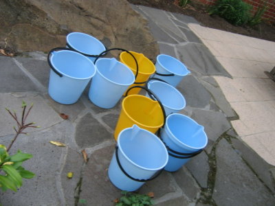 16 april Buckets waiting for water at Alzheimer's Australia< Melbourne