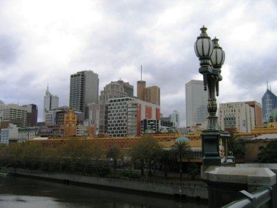 The CBD with Flinder Street Station in the foreground at a cold autumn day