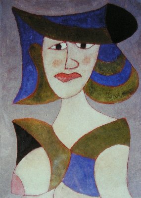 woman with hat- paper  32x36- mixed media-1986.JPG