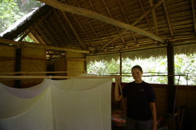 Our luxurious pad, complete with mosquito netting and jungle shower