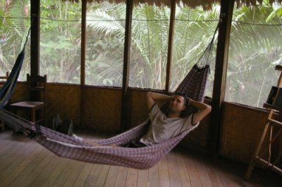 Relaxing in our protected hammocks