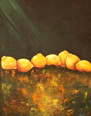 LEMONS IN A WALL  28 X 22 OIL ON CANVAS WITH TEXTURE