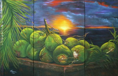 TROPICAL MEMORIES TRYTICH  36 X 56 OIL ON CANVAS