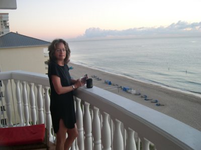 Judy on our patio at the Beachcomber Hotel, Pompano Beach, Florida (10-06)