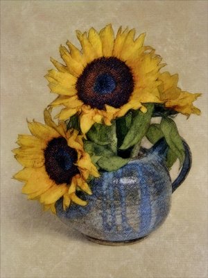 Three Sunflowers In A Blue Teapot