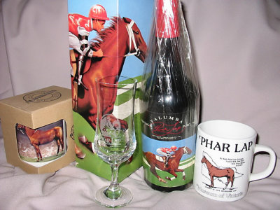 Phar Lap glass, mugs and Yalumba wine bottle