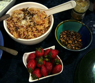 whole grain basmati rice and red rice, sauteed seeds, strawberries