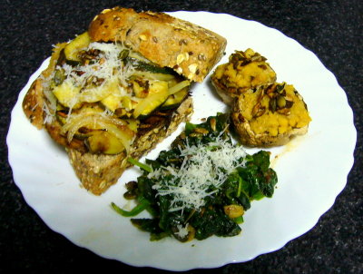 grilled: sayten burger, zuccini, onions, multigrain bread, mushrooms (stuffed with hummus); sauteed spinach with extras
