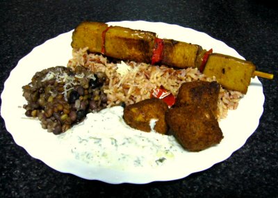 barley/lentil/azuki/soy beans,brown basmati & red rice, falafel, seitan shish kabab & tzatziki