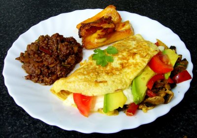 omelette with side of leftover mole and fried plantain with cheese