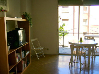 view of living room/dining room from the door, terrace in background