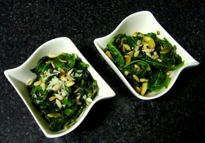 sauteed spinach with garlic & sunflower seeds- one vegan and one with aged manchego