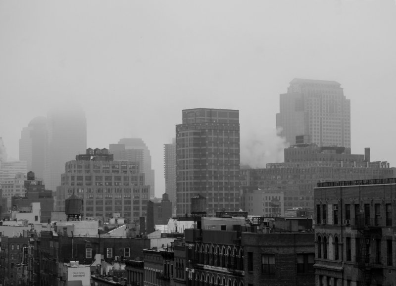 Misty Dawn - Downtown Manhattan in Black & White Tones