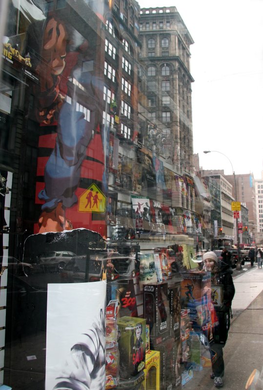 Forbidden Planet Store Window Reflection of Broadway