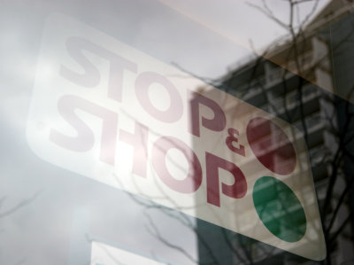 STOP & SHOP Sign  with Window Reflection of LaGuardia Place Residences