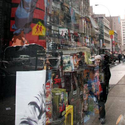 Forbidden Planet Store Window Reflection of Broadway